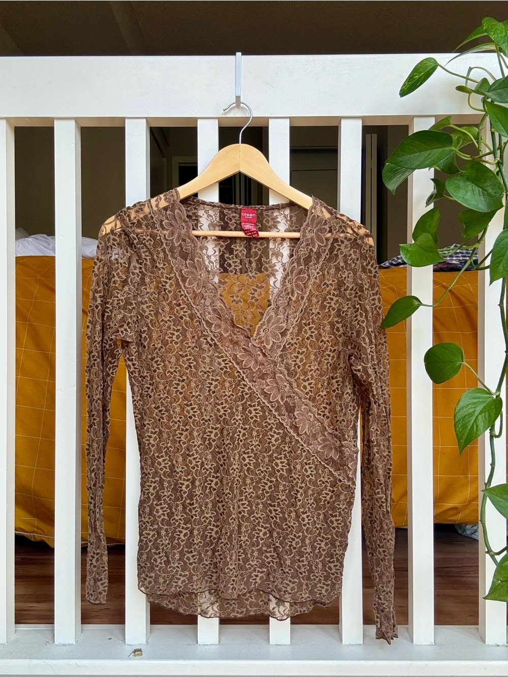 Brown Lace Surplice Long-Sleeve Blouse